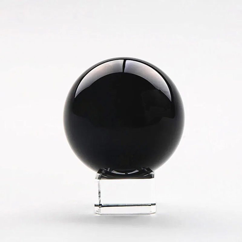 Natural Obsidian Crystal Ball — 80mm Polished Reiki Healing Sphere with Display Bracket