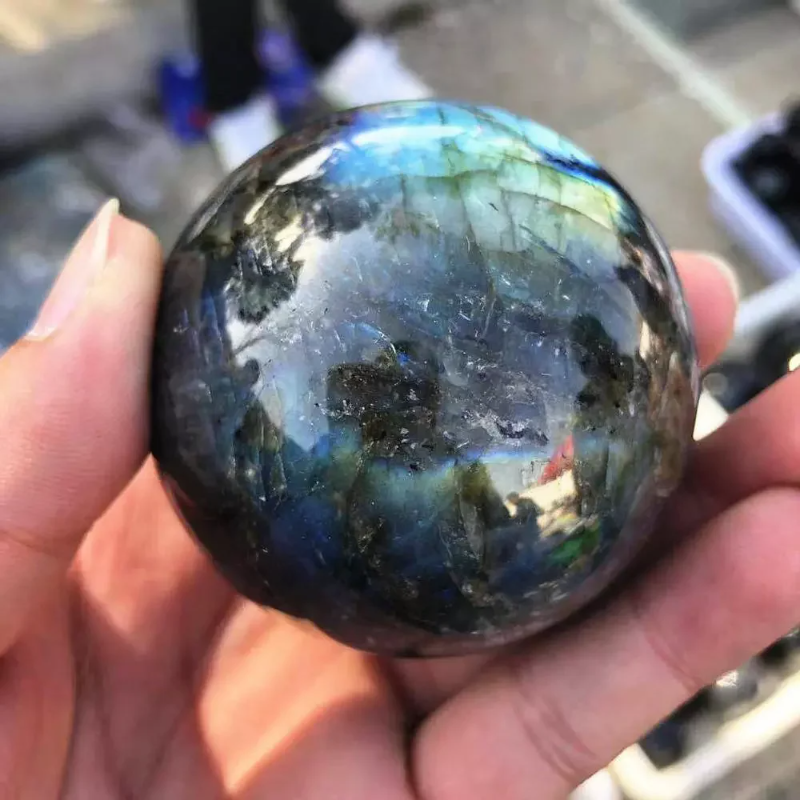 Natural Rainbow Moonstone Crystal Ball — Polished Quartz Sphere with Display Bracket