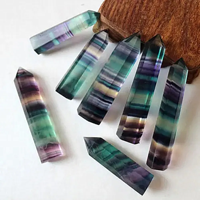 Rainbow Fluorite Crystal Wands — Set of 7 Polished Hexagonal Healing Sticks