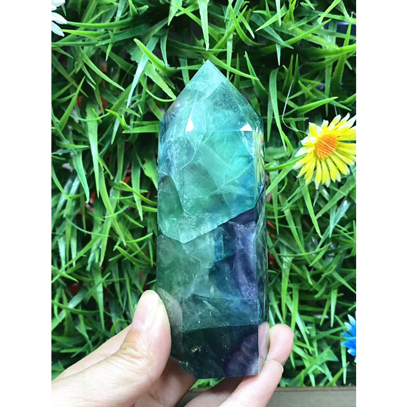Natural Fluorite Crystal Wand — Polished Quartz Point, Multi-Color Healing Wand