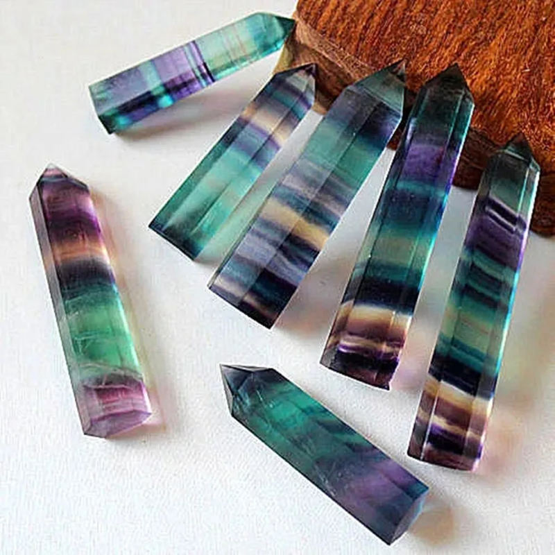 Rainbow Fluorite Crystal Wands — Set of 7 Polished Hexagonal Healing Sticks