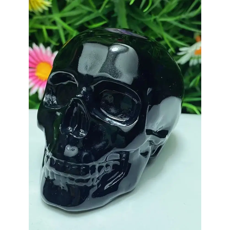 Natural Obsidian Crystal Carved Skull — Hand-Carved Chakra Healing Piece & Home Decor