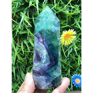 Natural Fluorite Crystal Wand — Polished Quartz Point, Multi-Color Healing Wand