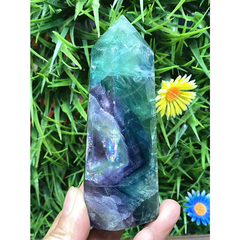 Natural Fluorite Crystal Wand — Polished Quartz Point, Multi-Color Healing Wand