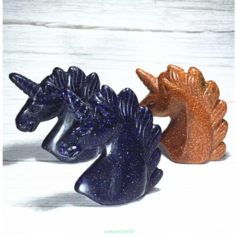 Hand Carved Crystal Healing, Natural Blue Sand Stone, Quartz Unicorn Skull, 1Pc