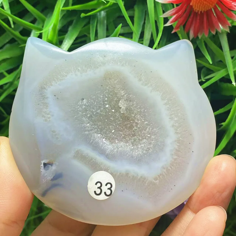 Natural Agate Crystal Cat Face Heart — Carved Quartz Chakra Home Decor Gift