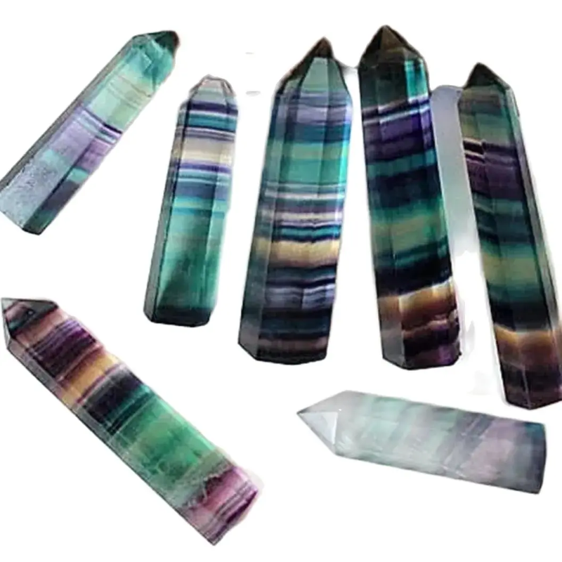 Rainbow Fluorite Crystal Wands — Set of 7 Polished Hexagonal Healing Sticks