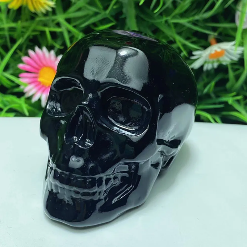 Natural Obsidian Crystal Carved Skull — Hand-Carved Chakra Healing Piece & Home Decor