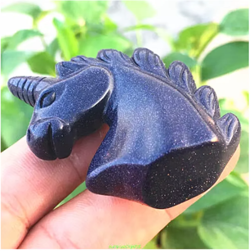 Hand Carved Crystal Healing, Natural Blue Sand Stone, Quartz Unicorn Skull, 1Pc