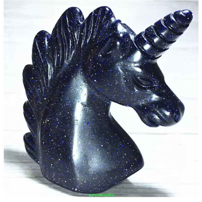 Hand Carved Crystal Healing, Natural Blue Sand Stone, Quartz Unicorn Skull, 1Pc