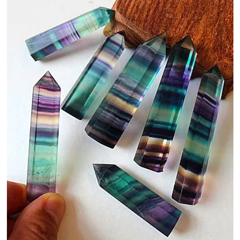 Rainbow Fluorite Crystal Wands — Set of 7 Polished Hexagonal Healing Sticks