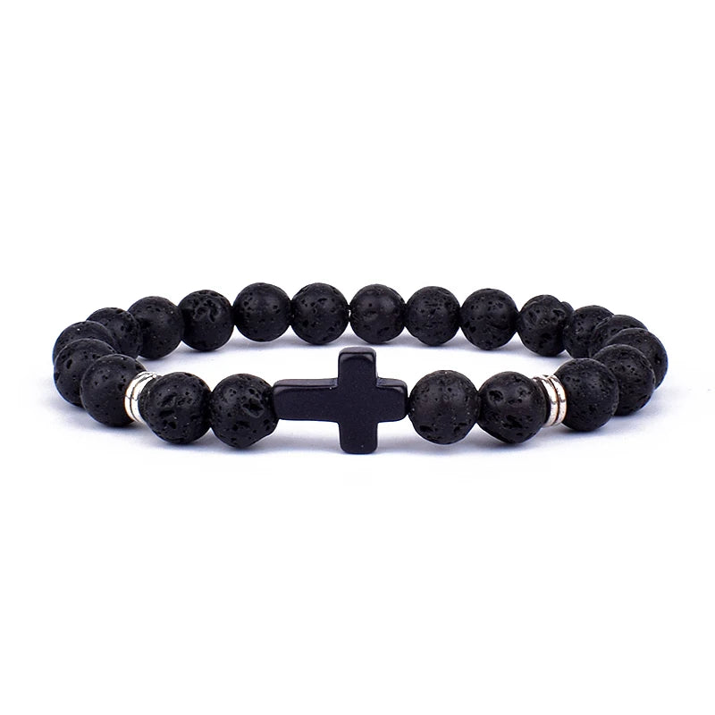 Charm Natural Stone Cross Bracelet faith Black Matte lucky Beads Bracelets Handmade Men Women Prayer Fitness Couple Jewelry Gift