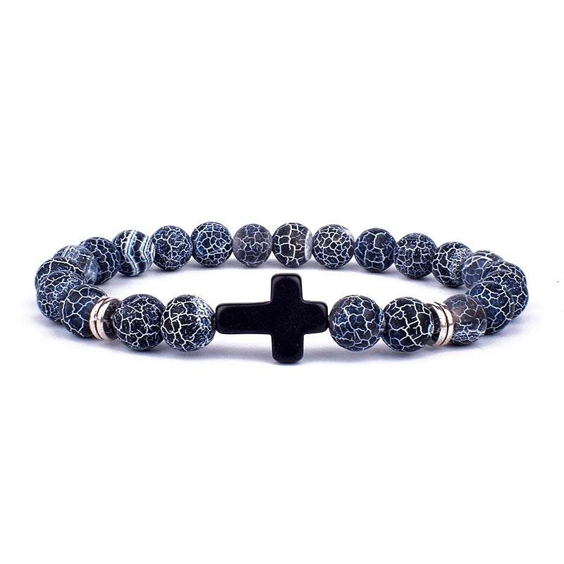 Charm Natural Stone Cross Bracelet faith Black Matte lucky Beads Bracelets Handmade Men Women Prayer Fitness Couple Jewelry Gift