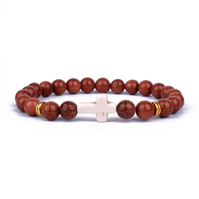 Charm Natural Stone Cross Bracelet faith Black Matte lucky Beads Bracelets Handmade Men Women Prayer Fitness Couple Jewelry Gift