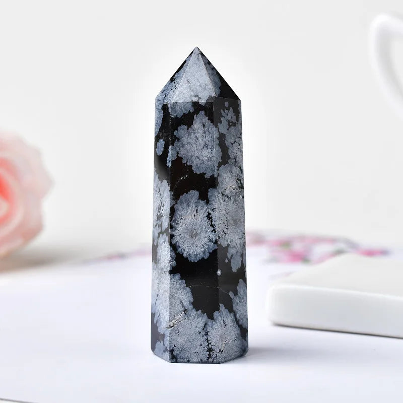 Natural Snowflake Obsidian Quartz Crystal Point Wand Healing Stone Energy Quartz Home Decoration Reiki Polished Stone Tower