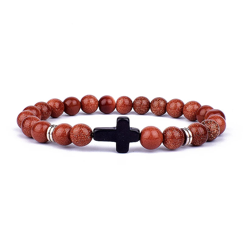 Charm Natural Stone Cross Bracelet faith Black Matte lucky Beads Bracelets Handmade Men Women Prayer Fitness Couple Jewelry Gift