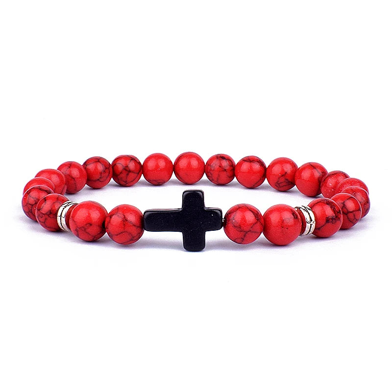Charm Natural Stone Cross Bracelet faith Black Matte lucky Beads Bracelets Handmade Men Women Prayer Fitness Couple Jewelry Gift