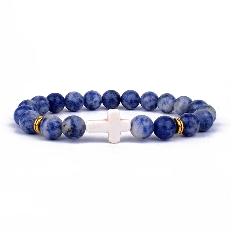 Charm Natural Stone Cross Bracelet faith Black Matte lucky Beads Bracelets Handmade Men Women Prayer Fitness Couple Jewelry Gift
