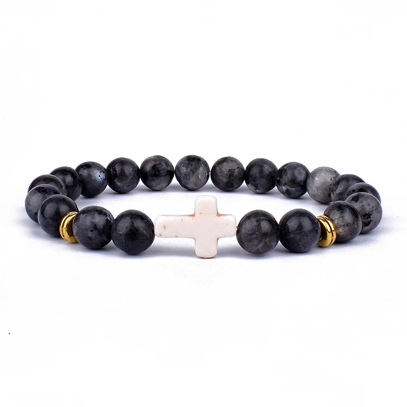 Charm Natural Stone Cross Bracelet faith Black Matte lucky Beads Bracelets Handmade Men Women Prayer Fitness Couple Jewelry Gift