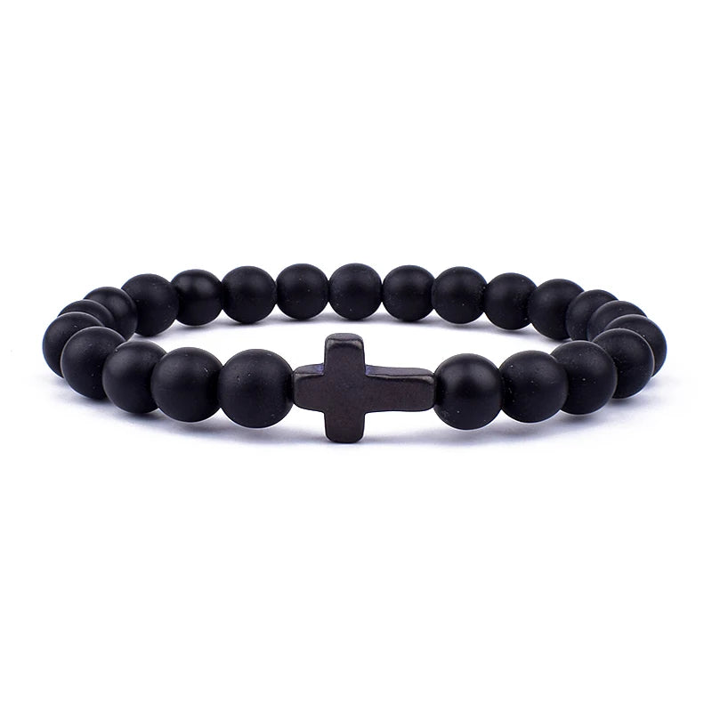 Charm Natural Stone Cross Bracelet faith Black Matte lucky Beads Bracelets Handmade Men Women Prayer Fitness Couple Jewelry Gift