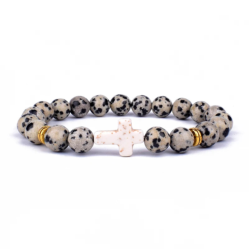 Charm Natural Stone Cross Bracelet faith Black Matte lucky Beads Bracelets Handmade Men Women Prayer Fitness Couple Jewelry Gift