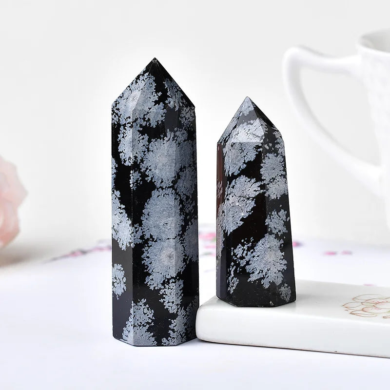Natural Snowflake Obsidian Quartz Crystal Point Wand Healing Stone Energy Quartz Home Decoration Reiki Polished Stone Tower