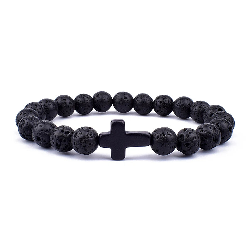 Charm Natural Stone Cross Bracelet faith Black Matte lucky Beads Bracelets Handmade Men Women Prayer Fitness Couple Jewelry Gift
