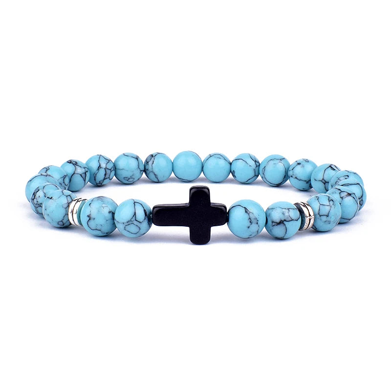 Charm Natural Stone Cross Bracelet faith Black Matte lucky Beads Bracelets Handmade Men Women Prayer Fitness Couple Jewelry Gift