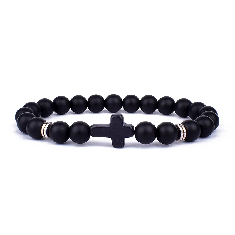 Charm Natural Stone Cross Bracelet faith Black Matte lucky Beads Bracelets Handmade Men Women Prayer Fitness Couple Jewelry Gift