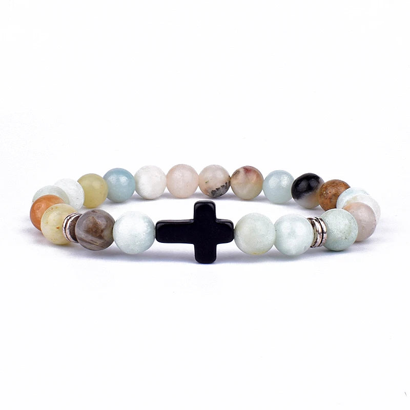 Charm Natural Stone Cross Bracelet faith Black Matte lucky Beads Bracelets Handmade Men Women Prayer Fitness Couple Jewelry Gift
