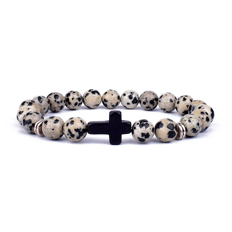Charm Natural Stone Cross Bracelet faith Black Matte lucky Beads Bracelets Handmade Men Women Prayer Fitness Couple Jewelry Gift