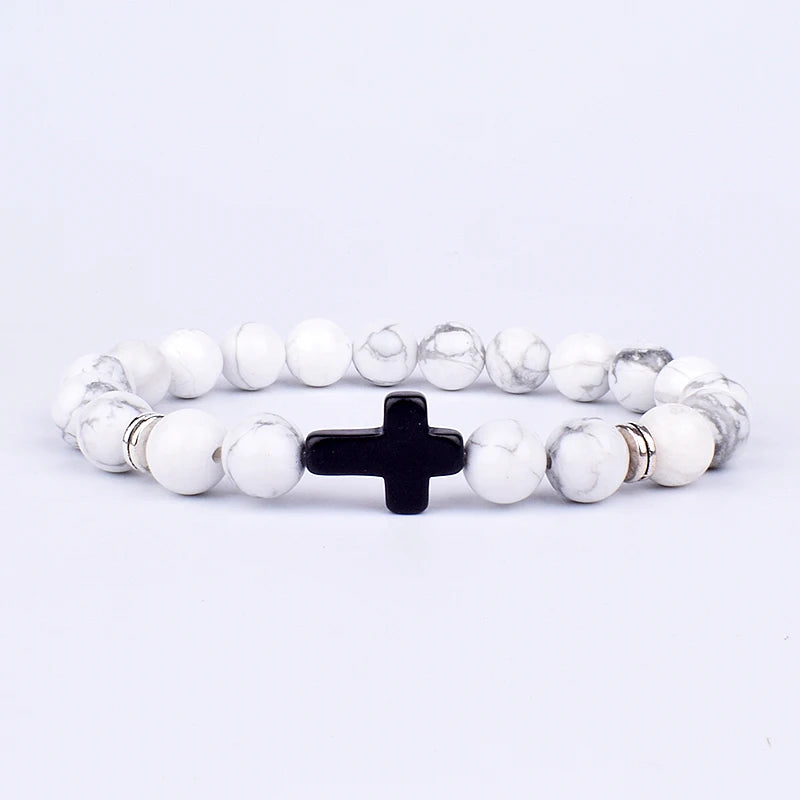 Charm Natural Stone Cross Bracelet faith Black Matte lucky Beads Bracelets Handmade Men Women Prayer Fitness Couple Jewelry Gift