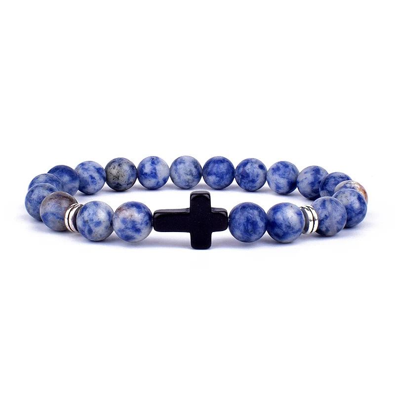 Charm Natural Stone Cross Bracelet faith Black Matte lucky Beads Bracelets Handmade Men Women Prayer Fitness Couple Jewelry Gift