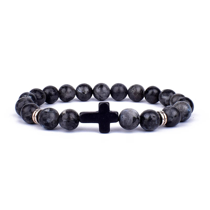 Charm Natural Stone Cross Bracelet faith Black Matte lucky Beads Bracelets Handmade Men Women Prayer Fitness Couple Jewelry Gift