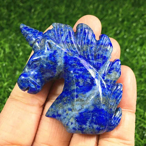 Hand Carved Crystal Healing, Natural Blue Sand Stone, Quartz Unicorn Skull, 1Pc