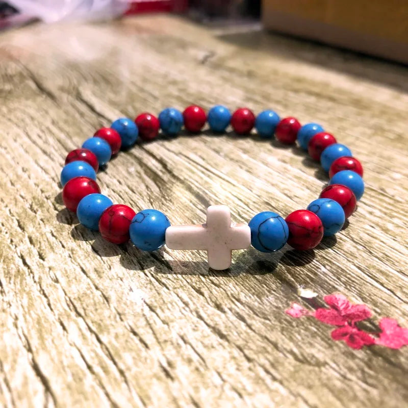 Charm Natural Stone Cross Bracelet faith Black Matte lucky Beads Bracelets Handmade Men Women Prayer Fitness Couple Jewelry Gift