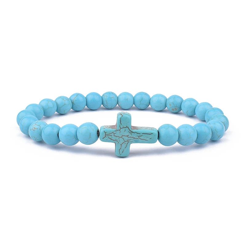 Charm Natural Stone Cross Bracelet faith Black Matte lucky Beads Bracelets Handmade Men Women Prayer Fitness Couple Jewelry Gift