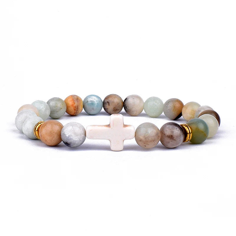 Charm Natural Stone Cross Bracelet faith Black Matte lucky Beads Bracelets Handmade Men Women Prayer Fitness Couple Jewelry Gift