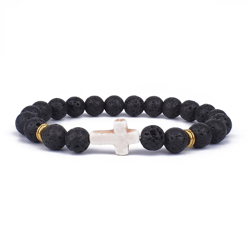 Charm Natural Stone Cross Bracelet faith Black Matte lucky Beads Bracelets Handmade Men Women Prayer Fitness Couple Jewelry Gift