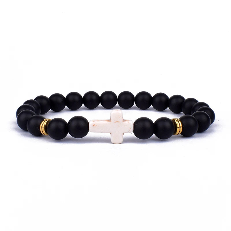 Charm Natural Stone Cross Bracelet faith Black Matte lucky Beads Bracelets Handmade Men Women Prayer Fitness Couple Jewelry Gift