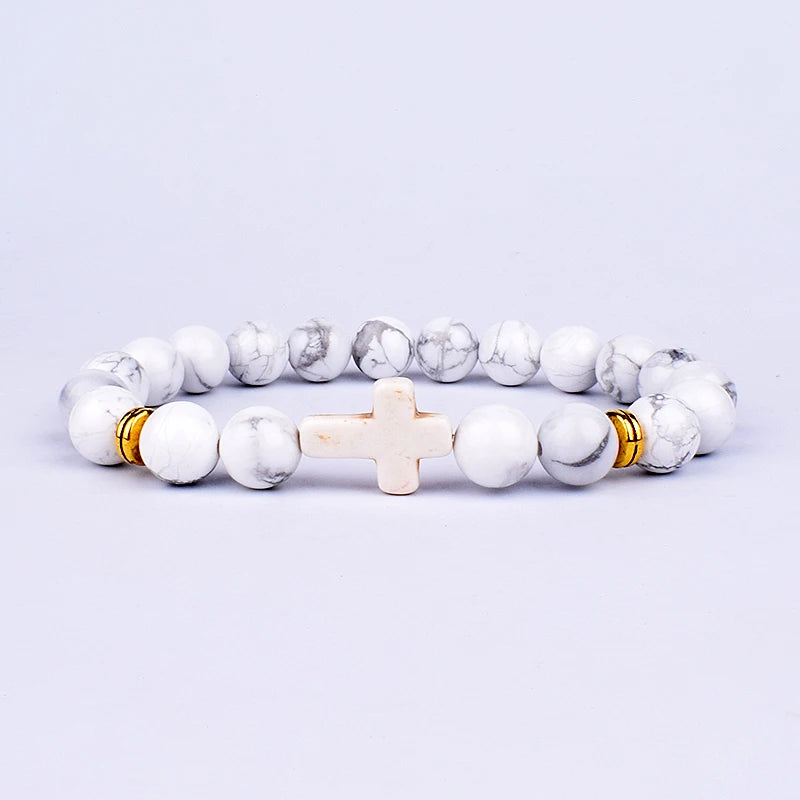Charm Natural Stone Cross Bracelet faith Black Matte lucky Beads Bracelets Handmade Men Women Prayer Fitness Couple Jewelry Gift