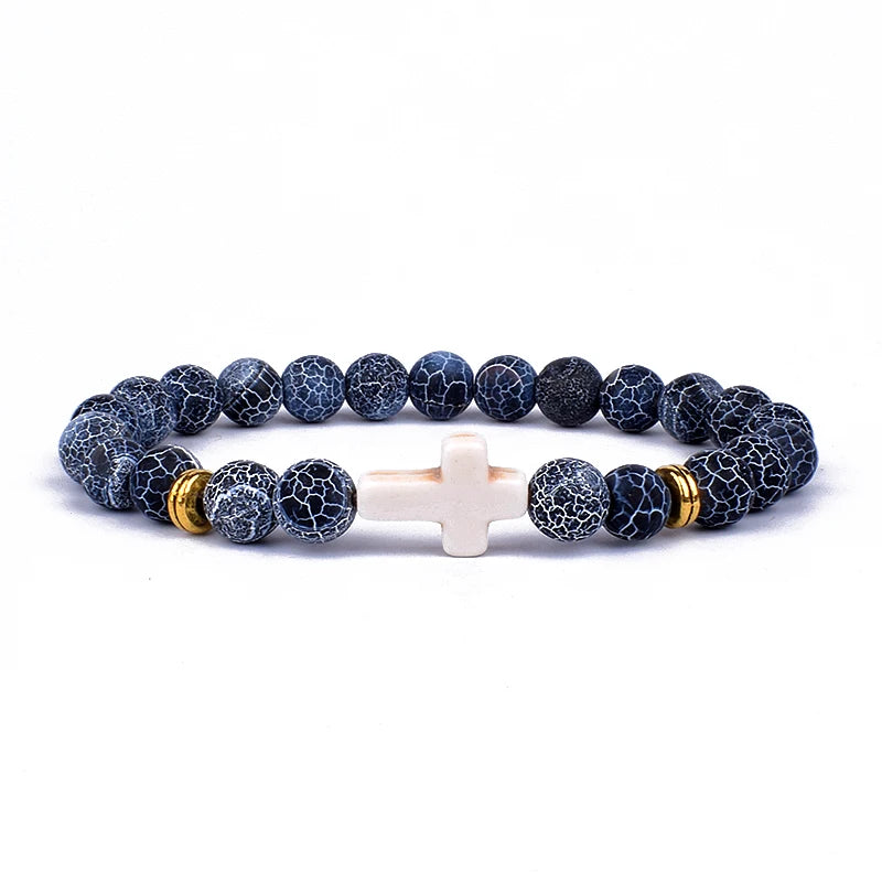 Charm Natural Stone Cross Bracelet faith Black Matte lucky Beads Bracelets Handmade Men Women Prayer Fitness Couple Jewelry Gift