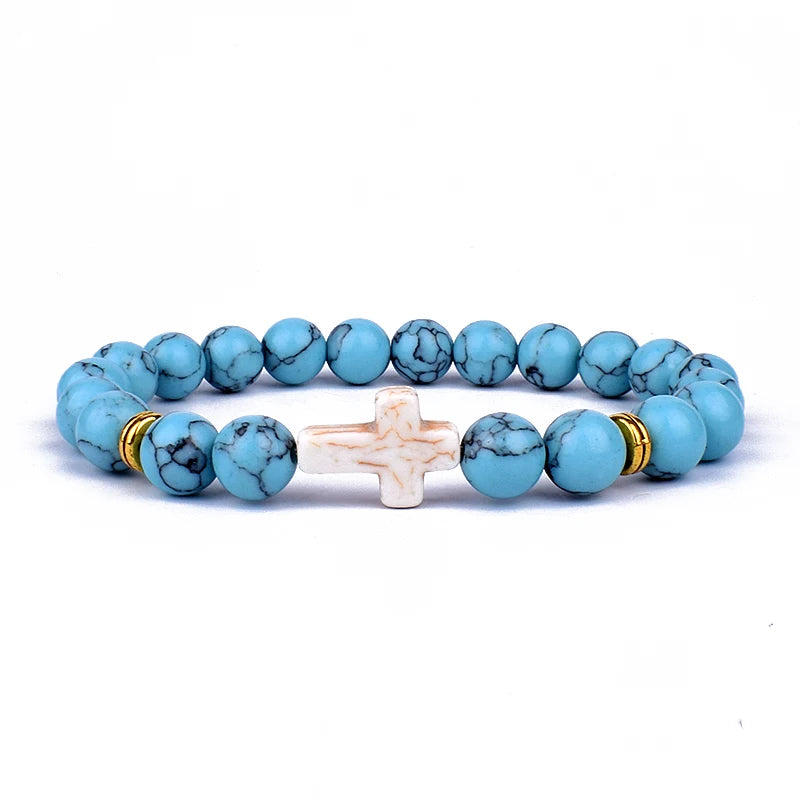 Charm Natural Stone Cross Bracelet faith Black Matte lucky Beads Bracelets Handmade Men Women Prayer Fitness Couple Jewelry Gift