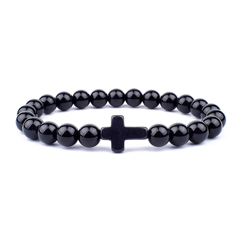 Charm Natural Stone Cross Bracelet faith Black Matte lucky Beads Bracelets Handmade Men Women Prayer Fitness Couple Jewelry Gift