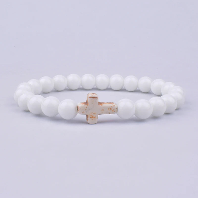 Charm Natural Stone Cross Bracelet faith Black Matte lucky Beads Bracelets Handmade Men Women Prayer Fitness Couple Jewelry Gift