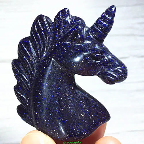 Hand Carved Crystal Healing, Natural Blue Sand Stone, Quartz Unicorn Skull, 1Pc