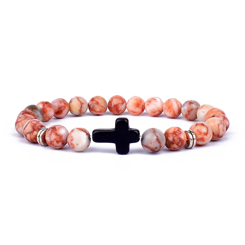 Charm Natural Stone Cross Bracelet faith Black Matte lucky Beads Bracelets Handmade Men Women Prayer Fitness Couple Jewelry Gift