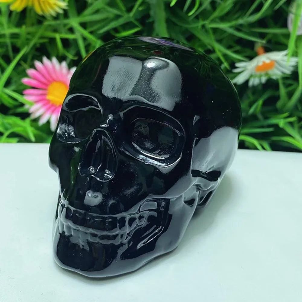 Natural Obsidian Crystal Carved Skull — Hand-Carved Chakra Healing Piece & Home Decor
