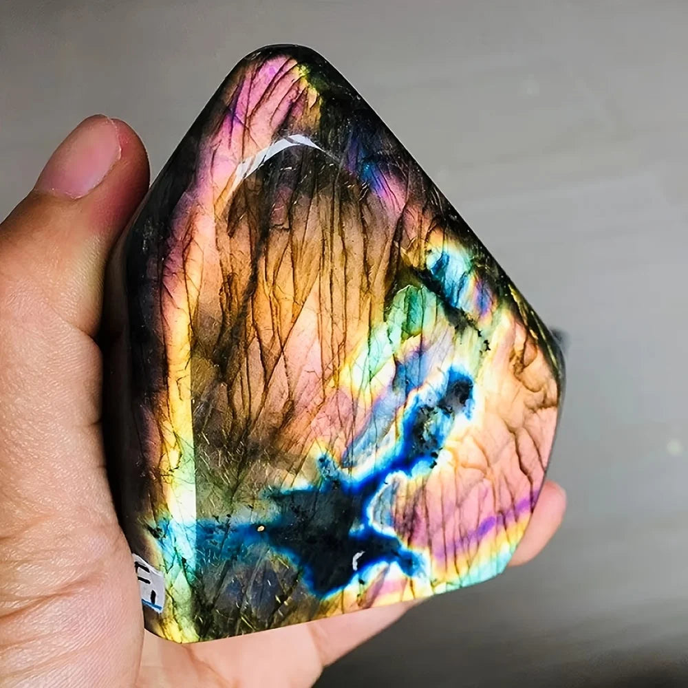 One Bohemian-style rainbow labradorite crystal sculpture - a free-form, three-dimensional gemstone with iridescent emerald hues