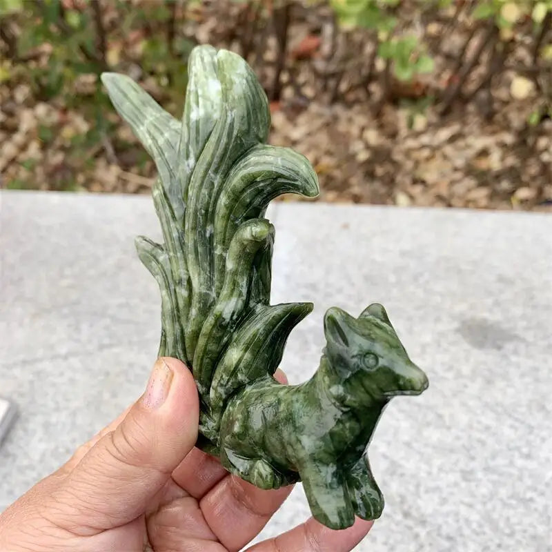 Natural Green Jade Nine-tailed Fox Carving Polished Powerful Animal Statue For Home Decoration Gift 1pcs